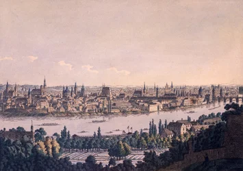 Ciudades Vieja y Nueva de Praga (grabado coloreado)